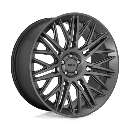A matte black alloy wheel with intricate, angular, multi-spoke design. Central hub reading "rotiform." Set against a plain white background, highlighting the wheel's detailed craftsmanship.