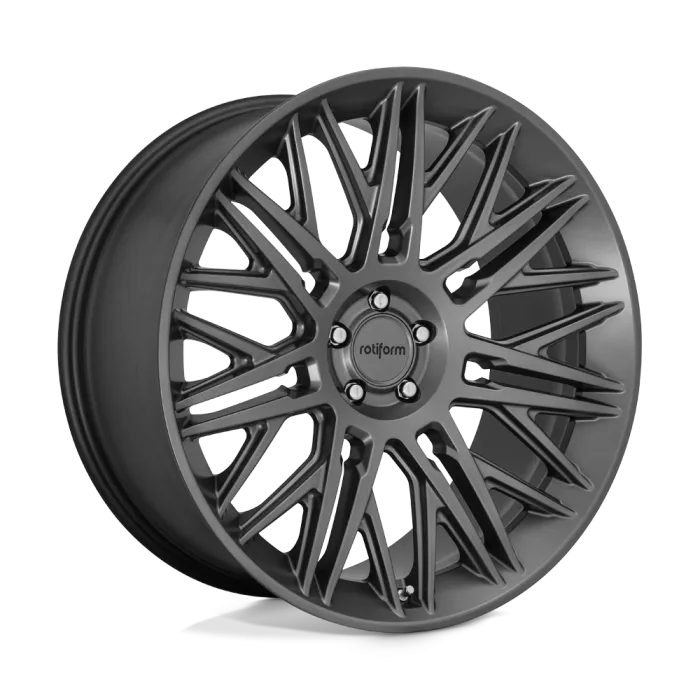 A matte black alloy wheel with intricate, angular, multi-spoke design. Central hub reading "rotiform." Set against a plain white background, highlighting the wheel's detailed craftsmanship.
