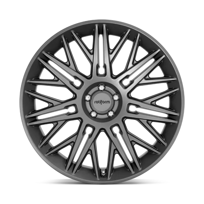 A glossy black alloy wheel rim with intricate spoke design and the text "rotiform" at the center, displayed against a plain background.