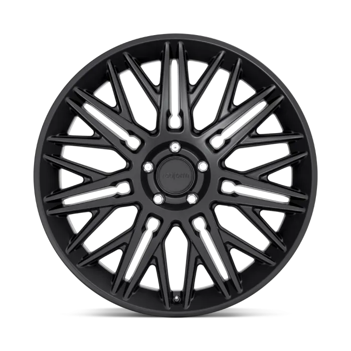 A black, multi-spoke car wheel rim with complex geometric patterns and the small text "rotiform" in the center cap, displayed against a plain background.