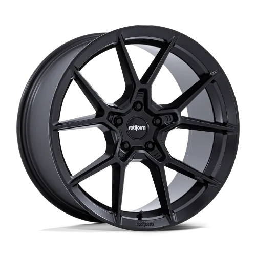 A black, multi-spoke alloy car wheel with "rotiform" branding, standing upright on a plain white background with a slight shadow beneath.