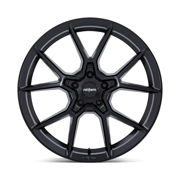 A black, multi-spoke car wheel rim with the brand name "rotiform" featured centrally, set against a plain white background.