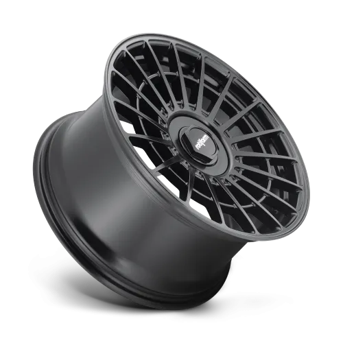 A black, multi-spoke car wheel rim with a central hub featuring the word "rotiform" displayed against a plain gray background.
