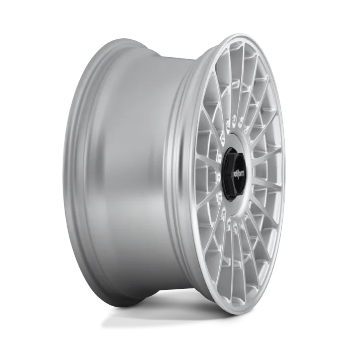 Silver alloy wheel with intricate spoke pattern, displayed against a plain white background. The central black hub reads "rotiform."