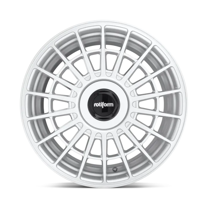 A silver, multi-spoke alloy wheel with a black center cap displaying the text "rotiform" in white, viewed from the front against a plain white background.