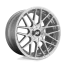 A silver alloy wheel with a multi-spoke design featuring "RF" in the center cap. Context: A studio setting with a plain background. Text: "ROTIFORM WHEELS CALIFORNIA U.S.A." and "rotiform."