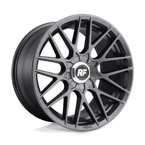 A matte gray alloy wheel with a multi-spoke design and "RF" logo at the center sits against a white background. Text on the wheel reads "Rotiform Wheels, California, USA" and "rotiform."