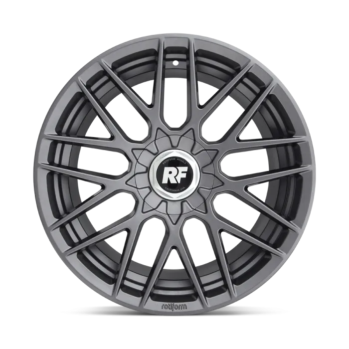 A multi-spoke alloy wheel with the letters "RF" in the center cap and the text "Rotiform" at the bottom, showcased on a gray background.