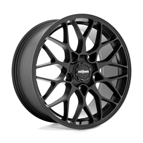 A matte black alloy wheel featuring an intricate multi-spoke design, angled slightly, with "rotiform" text on the central hub, displayed against a neutral, grey backdrop.