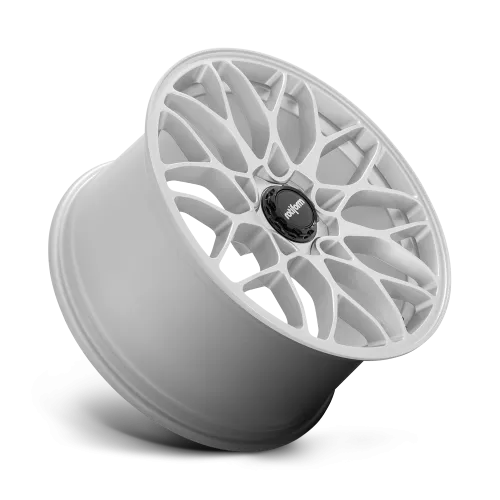 A white alloy wheel with intricate, overlapping spokes is displayed against a plain background. The center cap features the text "rotiform" on a black surface.