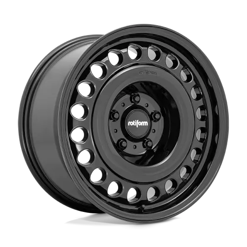 A black alloy car wheel features a multi-spoke design with the brand name "rotiform" in white on the center cap, presented against a solid white background.