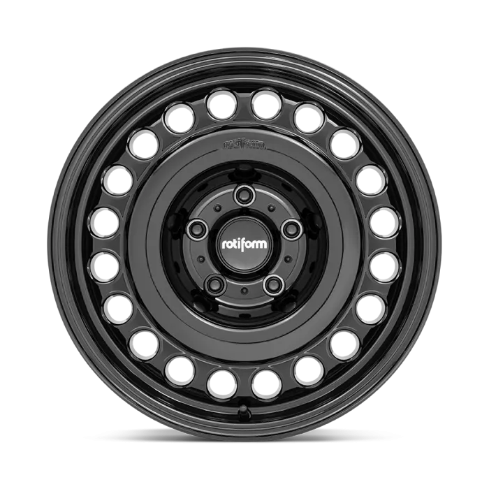A black alloy wheel with circular cutouts around the perimeter, featuring the "rotiform" logo at the center, and smaller circular bolts on the inside ring.