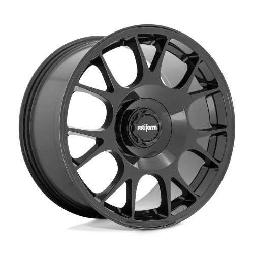 A sleek black alloy wheel with multiple spokes and a central hub displaying the text "rotiform," placed against a plain, gradient background.