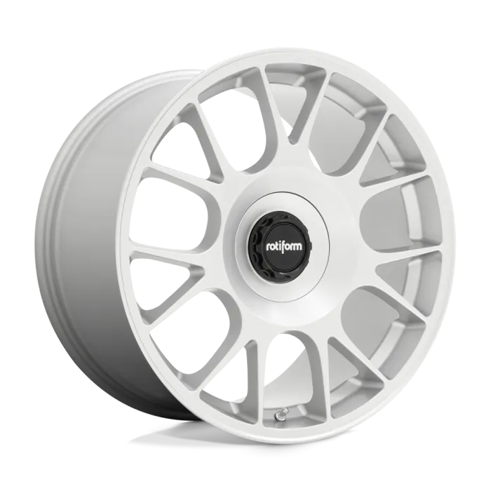 A white automotive wheel rim with sleek, intricate spokes and a central cap featuring the "rotiform" logo, displayed against a plain white background.