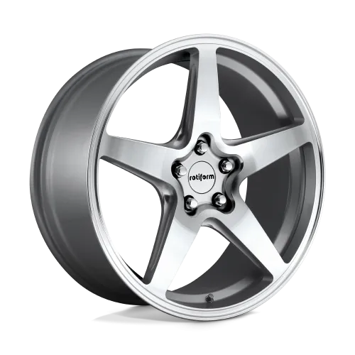 A five-spoke alloy wheel with a silver finish displays a "rotiform" logo at its center, shown in isolation against a white and dark gray background.