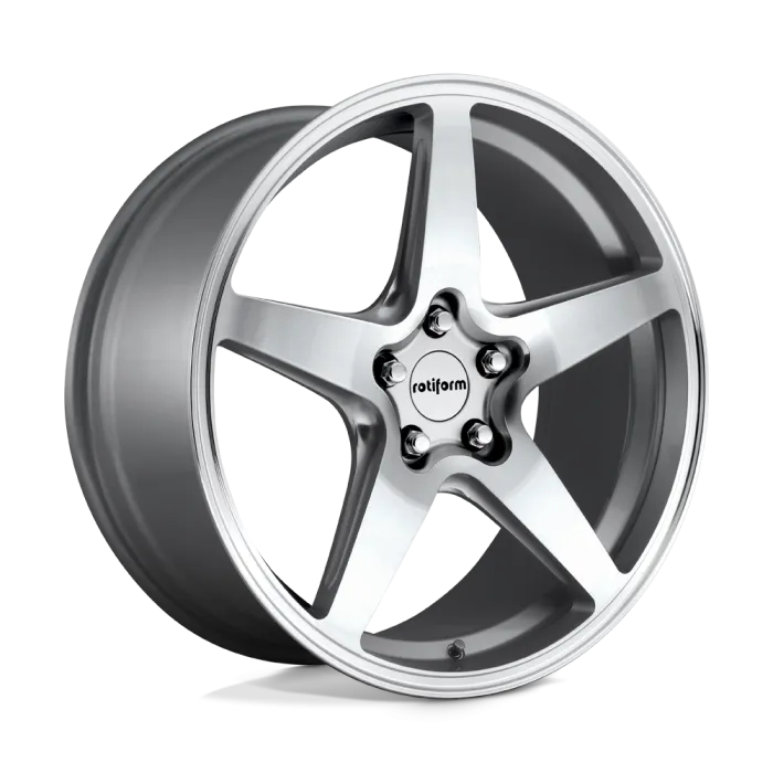 A five-spoke alloy wheel with a silver finish displays a "rotiform" logo at its center, shown in isolation against a white and dark gray background.