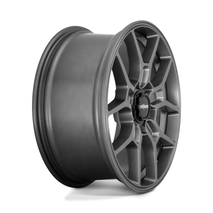 A matte black alloy wheel with a multi-spoke design and "rotiform" written in the center cap, displayed against a plain white background.
