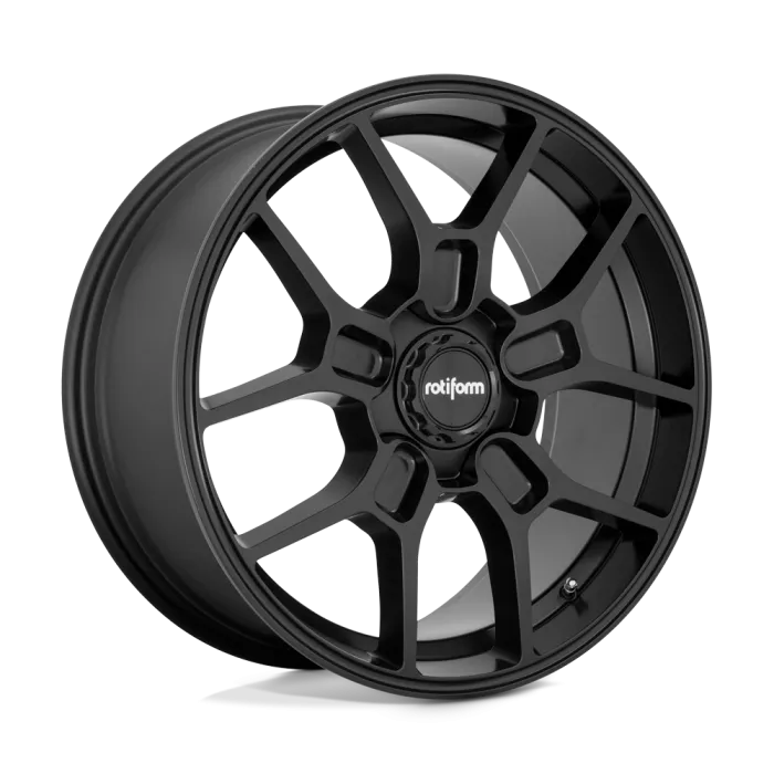 A black, multi-spoke car wheel rim, showing a sleek design with the brand name "rotiform" at the center, displayed against a plain white and black background.