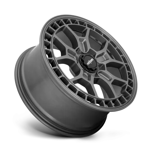 Gray alloy wheel with a geometric, multi-spoke design and a central cap labeled "rotiform"; presented against a plain background, angled to show depth and side profile.