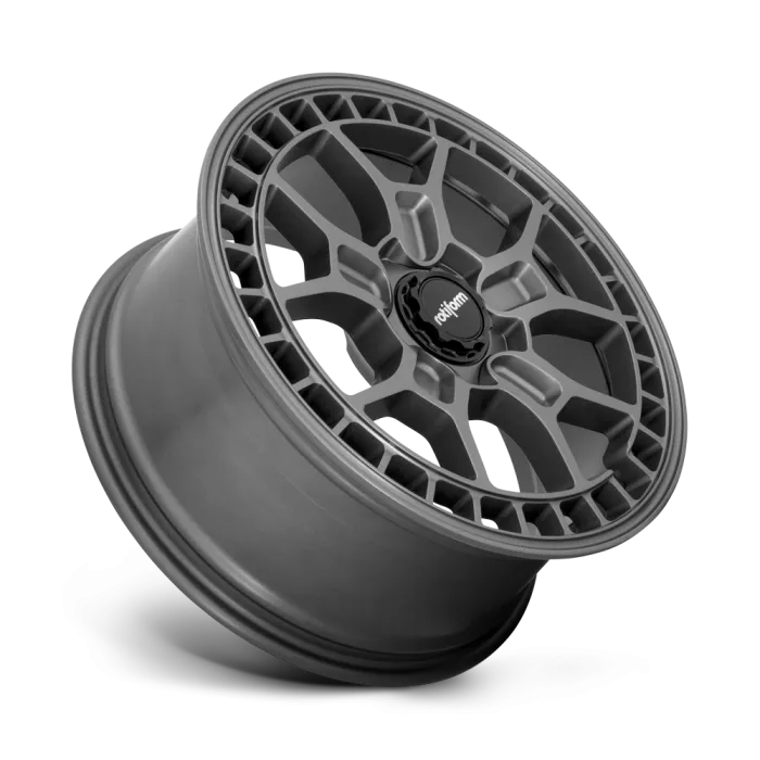 Gray alloy wheel with a geometric, multi-spoke design and a central cap labeled "rotiform"; presented against a plain background, angled to show depth and side profile.