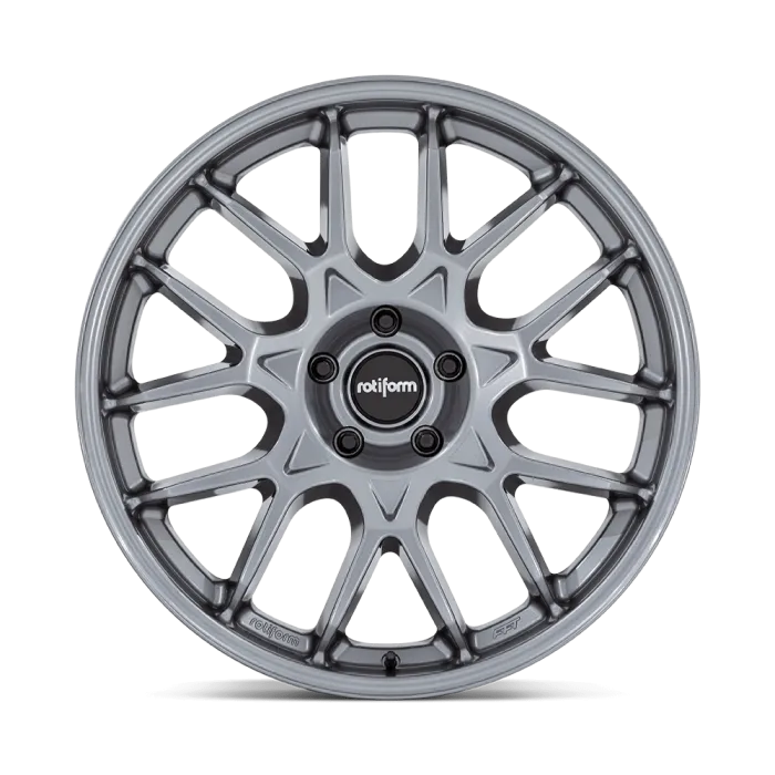 A silvery alloy wheel with a multi-spoke design featuring a central black cap labeled "rotiform" against a white background.