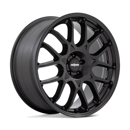 Matte black car wheel with a multi-spoke design, brand name "rotiform" on the central hub, isolated on a plain background with no additional context.