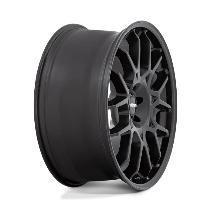 A matte black alloy wheel with a complex, multi-spoke design is positioned against a plain, black background. The central hubcap is labeled “rotiform."