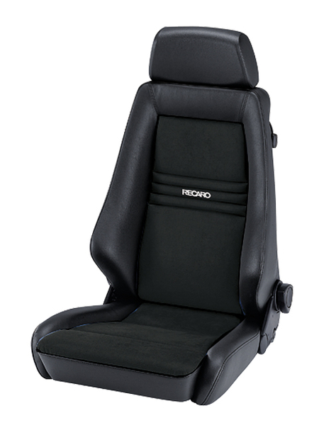 A black Recaro car seat features a cushioned headrest and firm padding. It is positioned upright against a plain white background. The Recaro logo is visible on the backrest.
