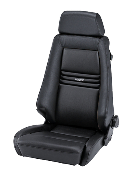 A black leather car seat, labeled "RECARO," stands alone against a white background. The seat is upright with an adjustable headrest and side controls.