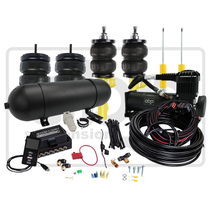 Auto air suspension kit including air springs, a black air tank, an onboard air compressor, a control module, various cables, and hoses; set against a plain background.