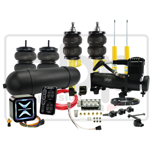 Automotive air suspension system includes airbags, shock absorbers, air compressor, control module, wiring, and connectors, set against a white background. Various components are laid out clearly for display.