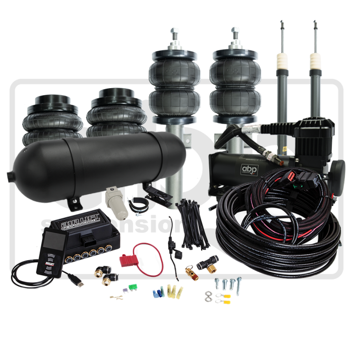 An air suspension kit featuring air springs, compressors, and various hardware and cables, arranged neatly on a flat surface. Transcribed text: "air lift, 3h + 3p HEIGHT + PRESSURE."