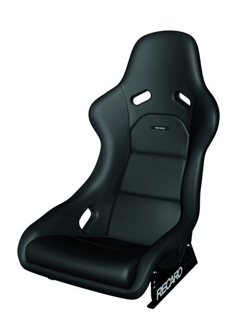 A black racing seat with ergonomic design and side bolsters, labeled "RECARO" on the base mount, isolated against a white background.