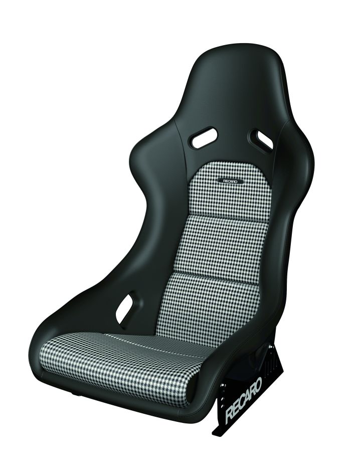 Black racing car seat with a houndstooth-patterned fabric cushion, featuring the brand name "RECARO" in the center and on the base, against a plain white background.