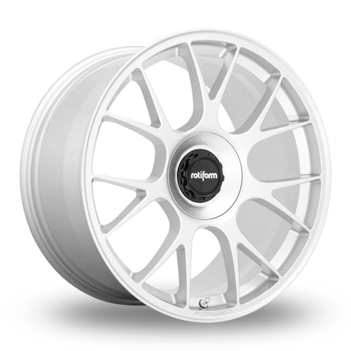 A silver alloy wheel with a multi-spoke design features a black center cap labeled "rotiform." It rests against a plain white background.