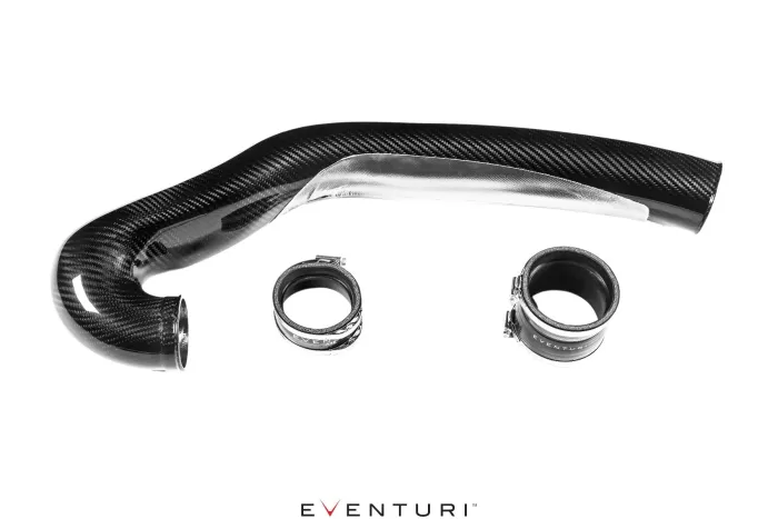 Curved carbon fiber intake pipe with two clamps, designed for automotive use, positioned on a white background. Text at the bottom reads "EVENTURI."