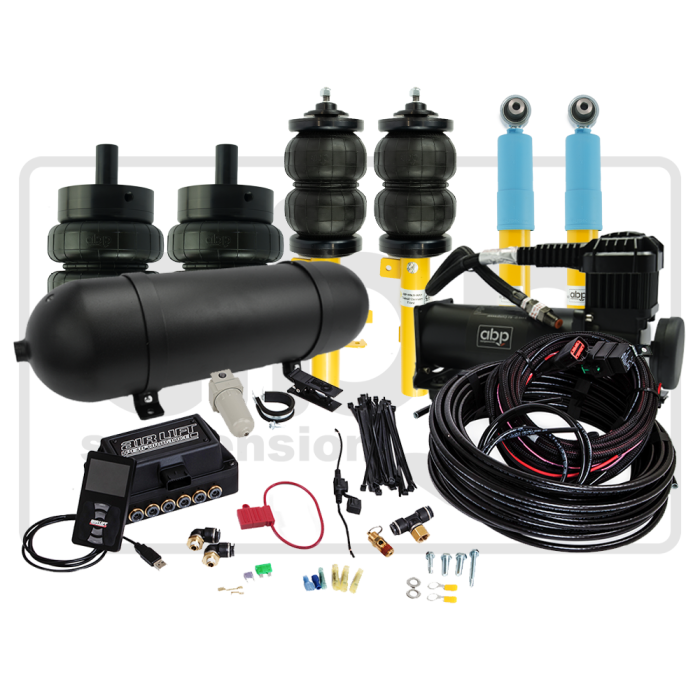 Automotive air suspension kit with air springs, shocks, compressor, air tank, wiring, and various connectors on a white background. Text shown: "AIR LIFT Performance."
