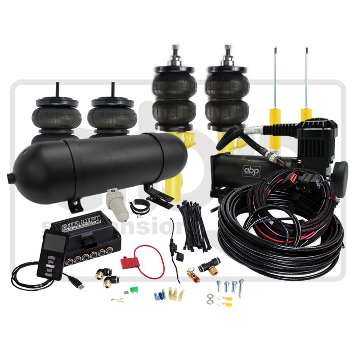An air suspension kit with air springs, a black air tank, a compressor, yellow shock absorbers, various cables, fittings, and a control unit labeled "AIR LIFT."