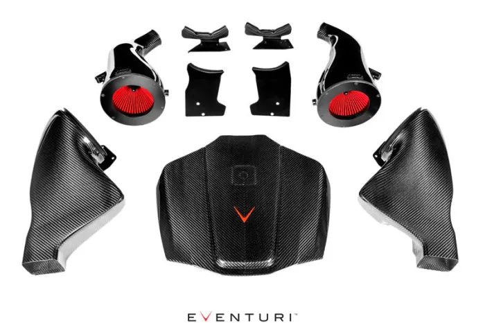A set of black carbon-fiber engine covers and intake components with red accents arranged on a white background, labeled "EVENTURI" at the bottom.