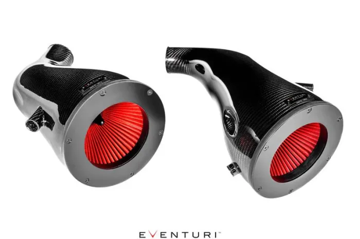 Two black carbon fiber air intake systems with red filters are positioned side by side against a white background. Text: "EVENTURI" at the bottom.