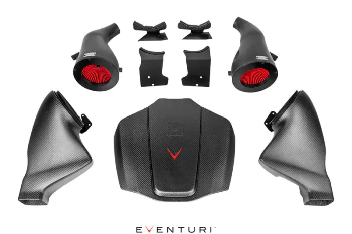 Carbon fiber car intake system components are arranged symmetrically, including air filters with red elements, ducts, and mounting brackets. Below the components, "EVENTURI" is printed in black and red text.