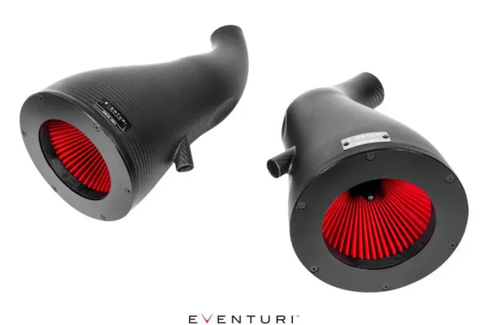 Two black, elongated carbon fiber air intake systems, each with a visible red air filter, are positioned on a white background. Branding text reads "EVENTURI" at the bottom center.