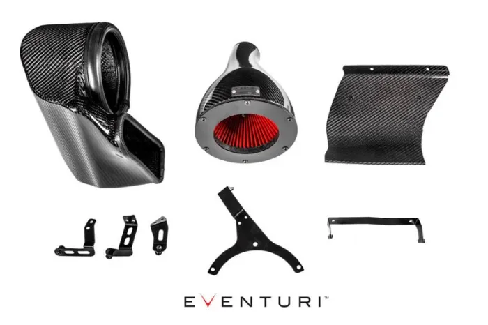 Carbon fiber air intake components are arranged against a white background. Highlighted parts include a conical filter with a red inner element. The text “EVENTURI” is printed below.