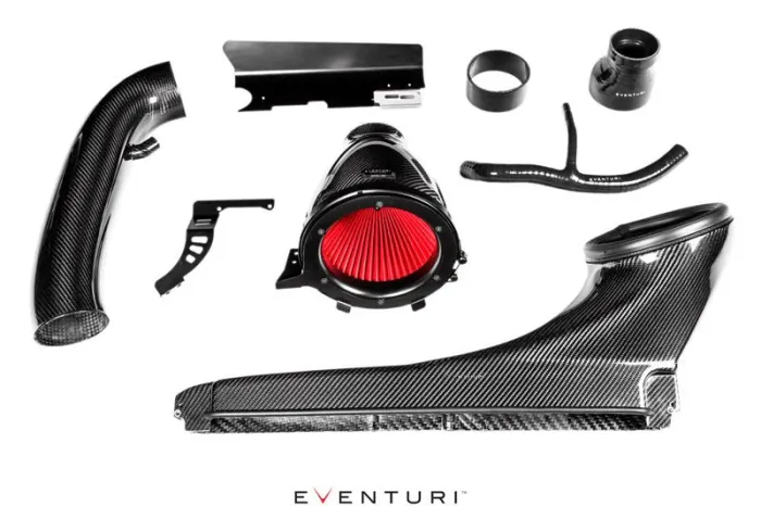 Carbon fiber automotive intake components arranged on a white background, featuring a main unit with a red filter. Lower text reads “EVENTURI.”