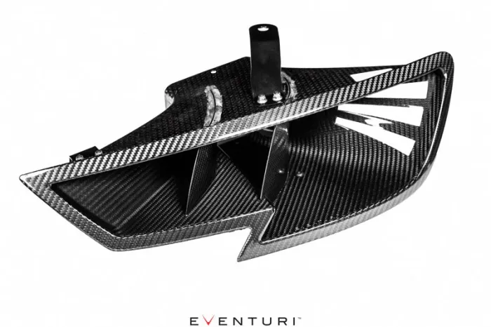 A carbon fiber automotive air intake duct with aerodynamic fins against a white background. Text at the bottom reads "EVENTURI."