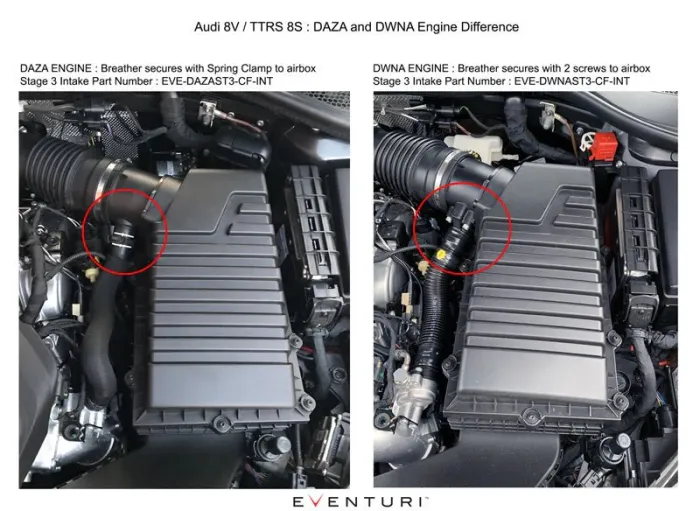 Two engine compartments comparison illustrating airbox breather attachment methods. Left: DAZA engine breather with spring clamp. Right: DWNA engine breather with two screws. Text: "Audi 8V / TTRS 8S: DAZA and DWNA Engine Difference. DAZA ENGINE: Breather secures with Spring Clamp to airbox. Stage 3 Intake Part Number: EVE-DAZAST3-CF-INT. DWNA ENGINE: Breather secures with 2 screws to airbox. Stage 3 Intake Part Number: EVE-DWNAST3-CF-INT."