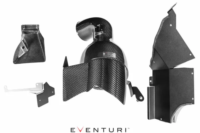 Carbon fiber automotive components laid out on a white background. The center piece features a curved intake design. Bold text beneath reads "EVENTURI."