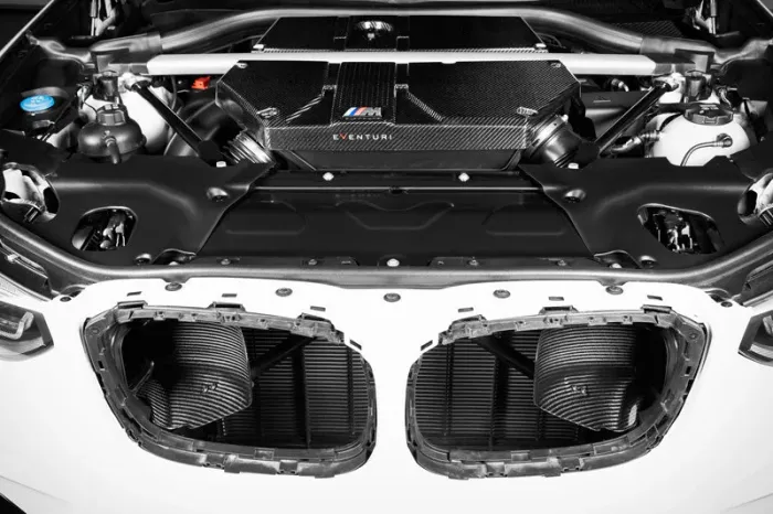 An open car hood reveals a sleek, carbon fiber engine cover labeled “Eventuri” and an M logo, situated in a clean, organized engine bay with visible air intake areas toward the front.