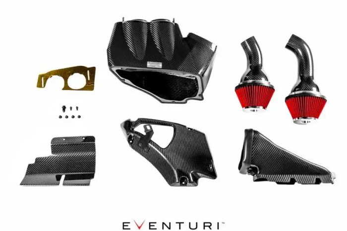 Carbon fiber automotive intake components displayed on a white background; includes an airbox, air filters, mounting brackets, and hardware. Text: "EVENTURI" at the bottom of the image.