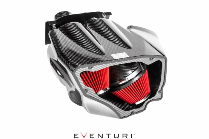 Dual red air filters enclosed in a carbon fiber housing. Surrounding environment is a white background. Text present: "EVENTURI" displayed below the object.